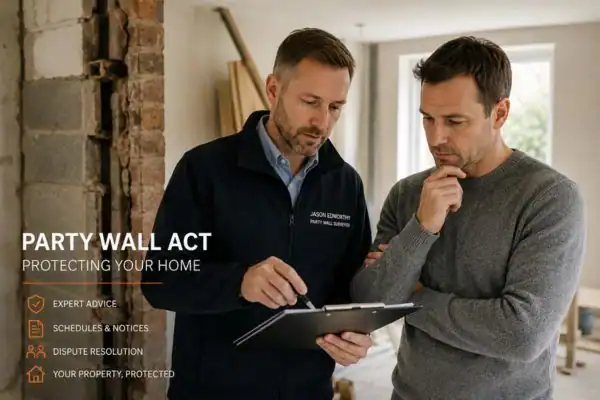 Party wall surveyor Totton discussing extension plans with homeowner outside a UK semi-detached house.